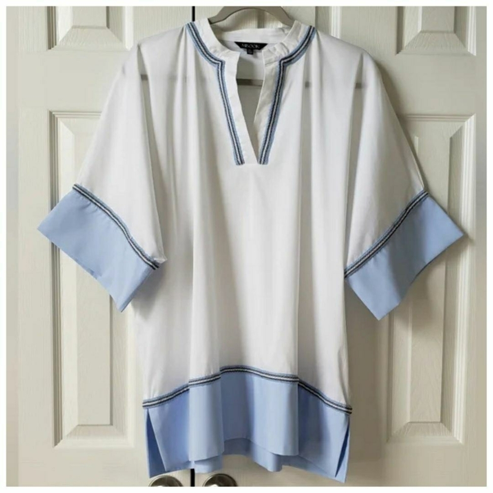 Misook Luxury White Cotton Blouse XL Blue Trim Coastal Quiet Luxury Travel EUC